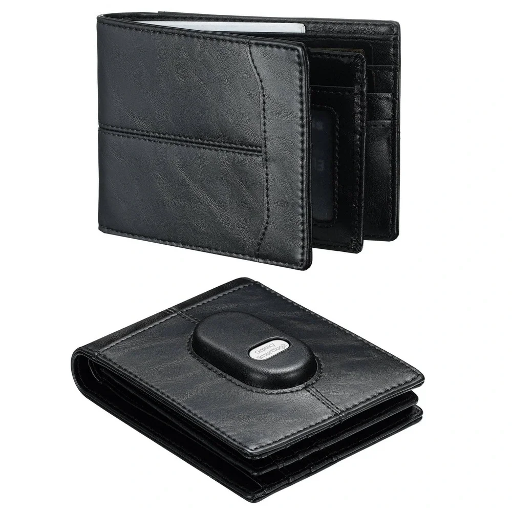 Furid Mens Black Leather Wallet for Samsung Galaxy SmartTag2 RFID Bifold Slim